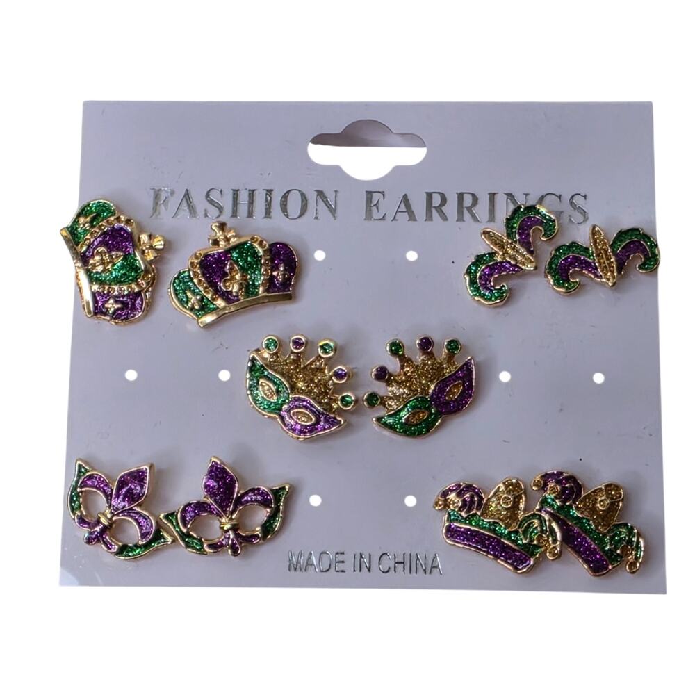 Vintage 5 PAIR Mardi Gras Earrings Metal Jesters Hats Push Stud .75 Inch